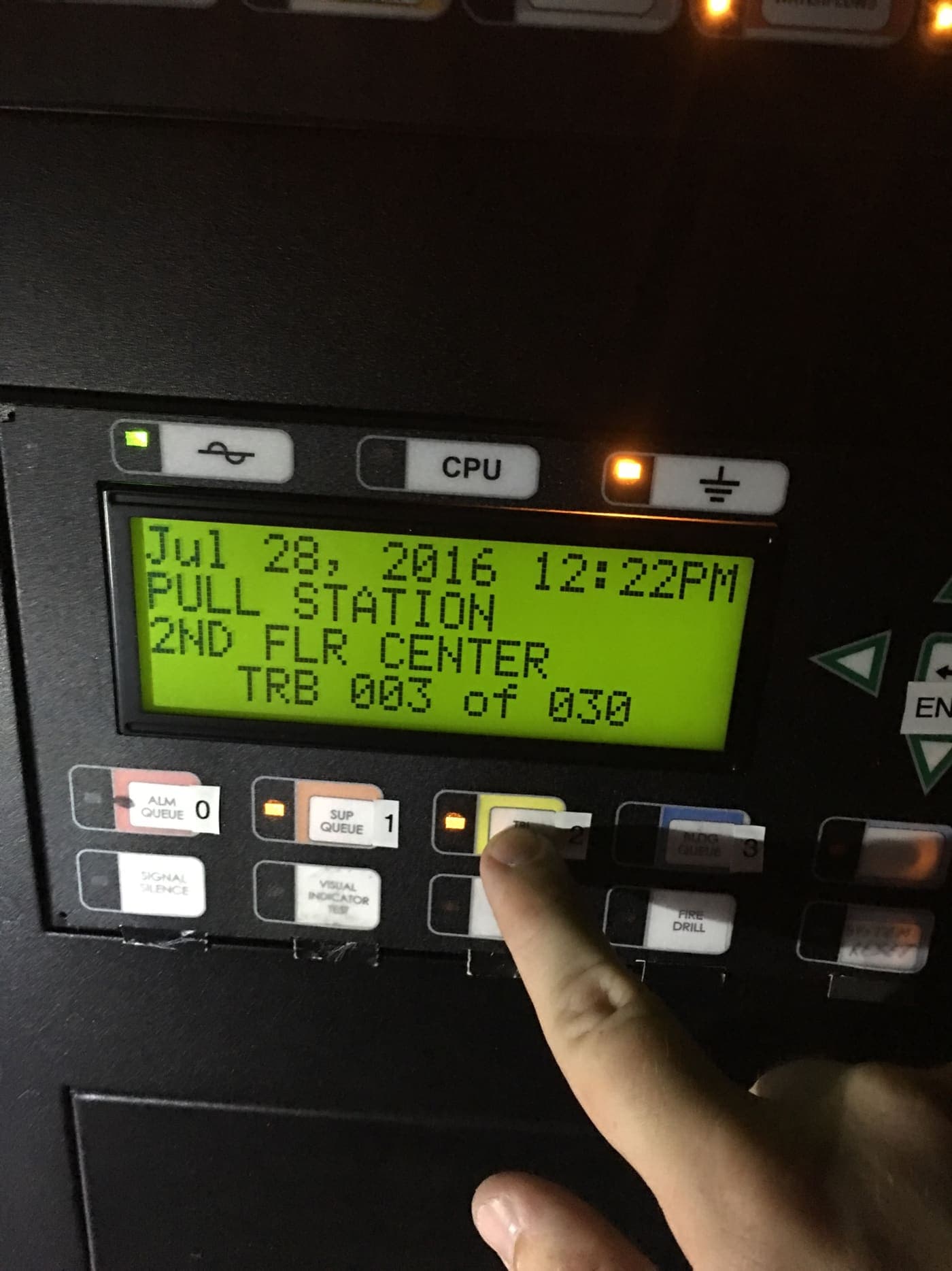 Panel event history showing a pull station activation record